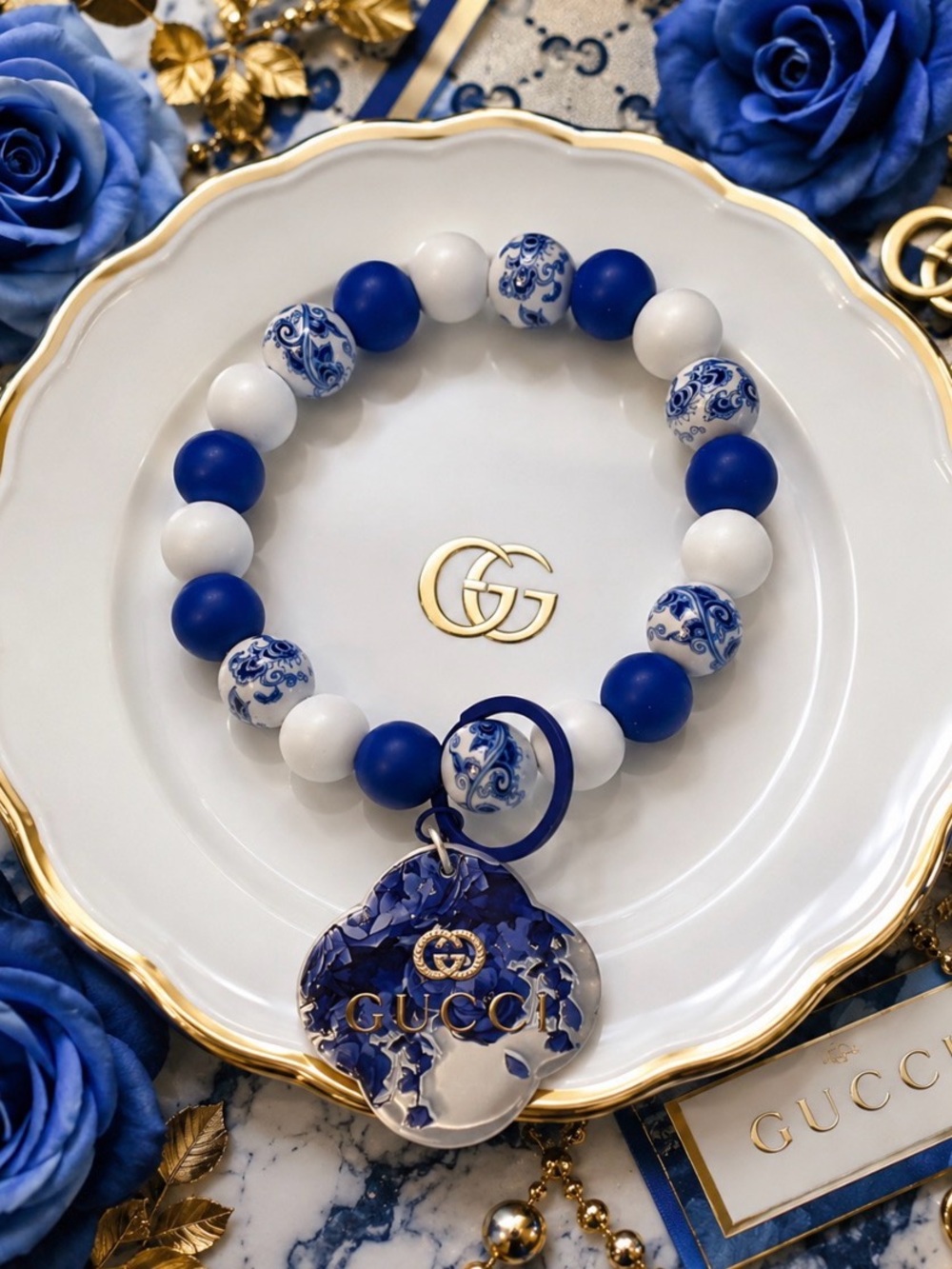 Hand Crafted Blue/White Beaded  Wristlet Keychain with Inspired Floral Charm